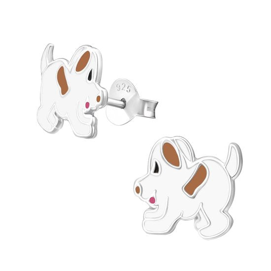 Joy|S - Zilveren hond oorbellen 9 x 8 mm bruin wit