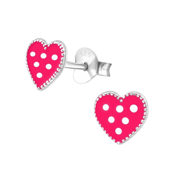 Joy|S - Zilveren roze hartje oorbellen met witte stipjes - 6 mm