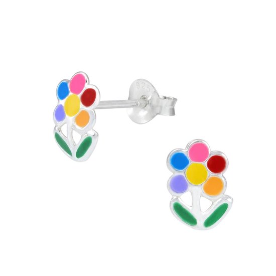 Joy|S - Zilveren bloem oorbellen - multicolor