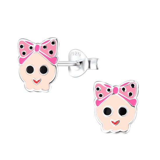 Joy|S - Zilveren meisje skull oorbellen met roze strikje - halloween