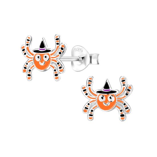 Joy|S - Zilveren spin oorbellen - oranje - halloween