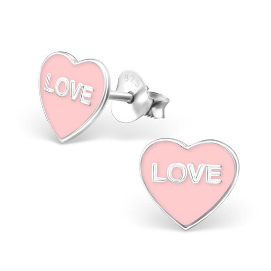 Joy|S - Zilveren hartje oorbellen - love - 9 x 8 mm - roze