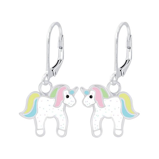 Joy|S - Zilveren Eenhoorn bedel oorbellen - unicorn - glitter wit - leverback sluiting