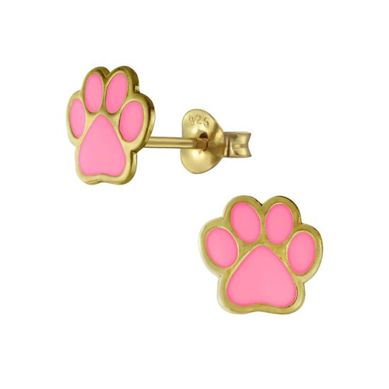 Joy|S - Zilveren dieren - poot oorbellen roze - goudplating