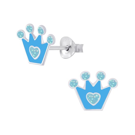 Joy|S - Zilveren kroontje oorbellen - 9 x 7 mm - blauw met hartje en glitter