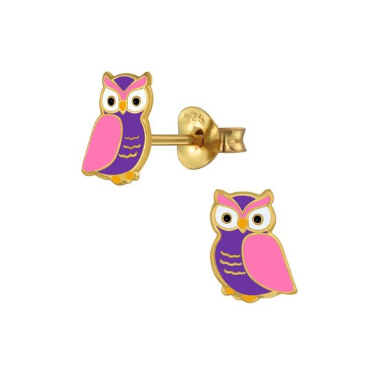 Joy|S - Zilveren Uil oorbellen roze paars - goudplating - 6 x 9 mm
