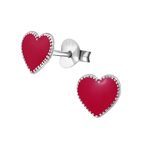 Joy|S - Zilveren hartje oorbellen - 6 mm - dark pink / roze rood