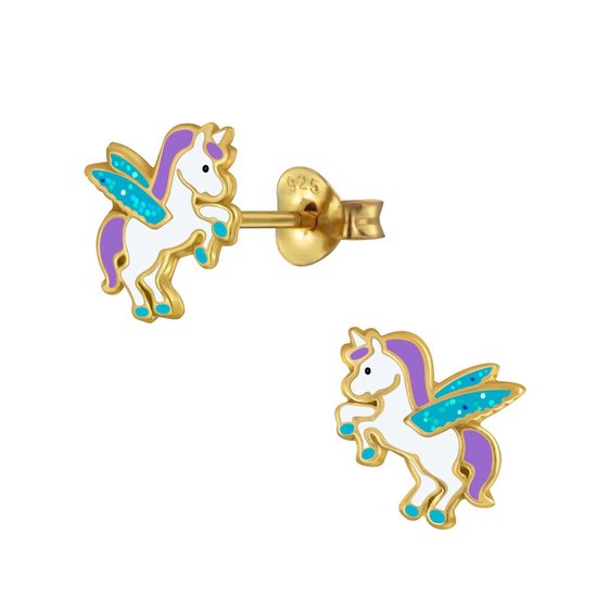 Joy|S - Zilveren eenhoorn oorbellen glitter unicorn - goudplating