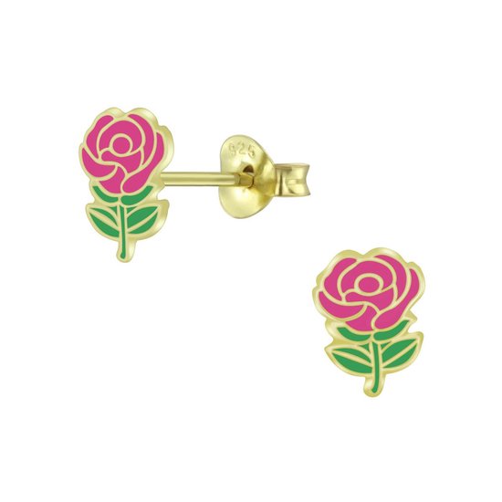 Joy|S - Zilveren roze roosje oorbellen - bloem - goudplating