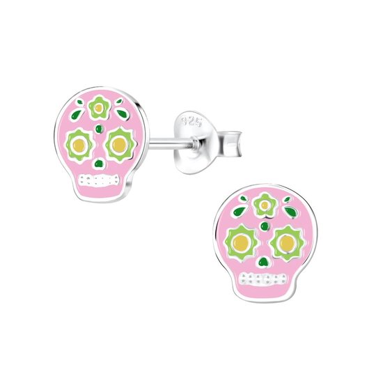 Joy|S - Zilveren sugar skull oorbellen - 8 x 9 mm - roze - halloween
