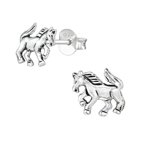 Joy|S - Zilveren paard oorbellen - 8 x 7 mm - geoxideerd
