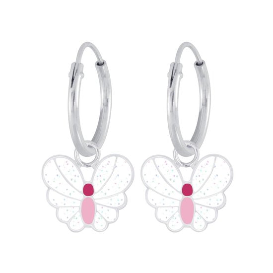 Joy|S - Zilveren vlinder bedel oorbellen - glitter wit met roze - oorringen