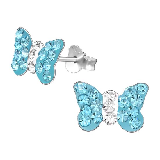 Joy|S - Zilveren Vlinder oorbellen 12 x 8 mm kristal blauw wit