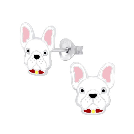 Joy|S - Zilveren hond oorbellen - 9 x 10 mm - wit roze