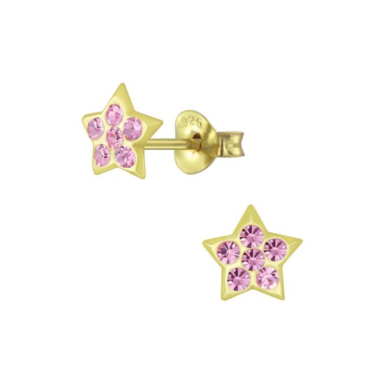 Joy|S - Zilveren ster oorbellen - 6 mm - kristal roze - goudplating