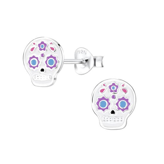 Joy|S - Zilveren sugar skull oorbellen - 8 x 9 mm - wit - halloween