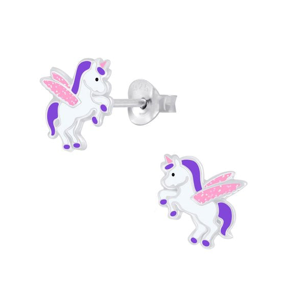 Joy|S - Zilveren eenhoorn oorbellen met roze glitter vleugeltjes unicorn