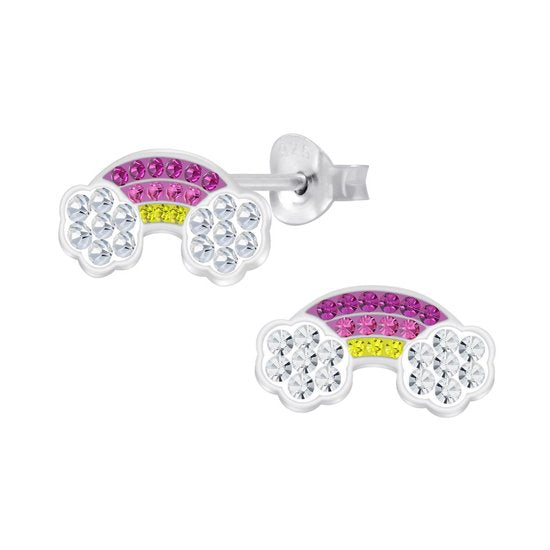 Joy|S - Zilveren regenboog oorbellen - roze geel - 13 x 7 mm