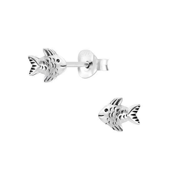 Joy|S - Zilveren vis oorbellen - 6 x 5 mm - geoxideerd