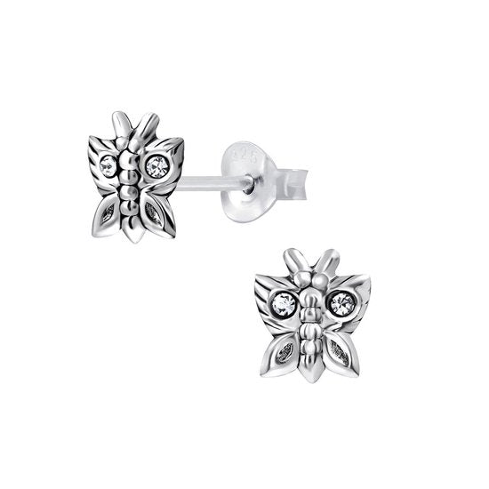 Joy|S - Zilveren vlinder oorbellen geoxideerd met kristal 7 x 8 mm