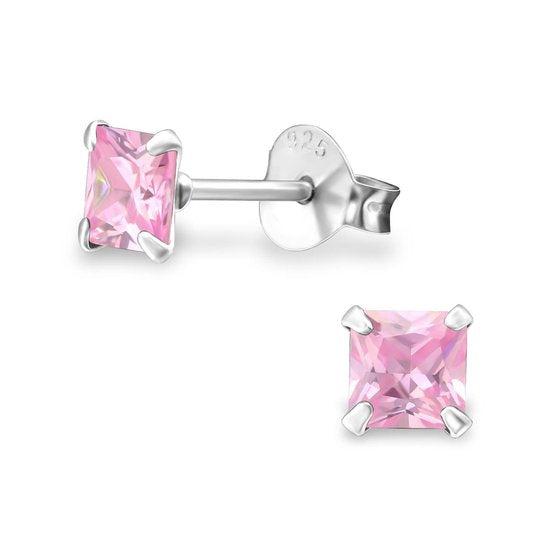 Joy|S - Zilveren vierkant kristal roze oorbellen - 4 mm