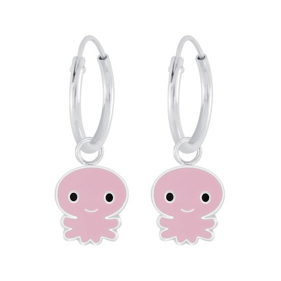 Joy|S - Zilveren octopus bedel oorbellen - oorringen - roze