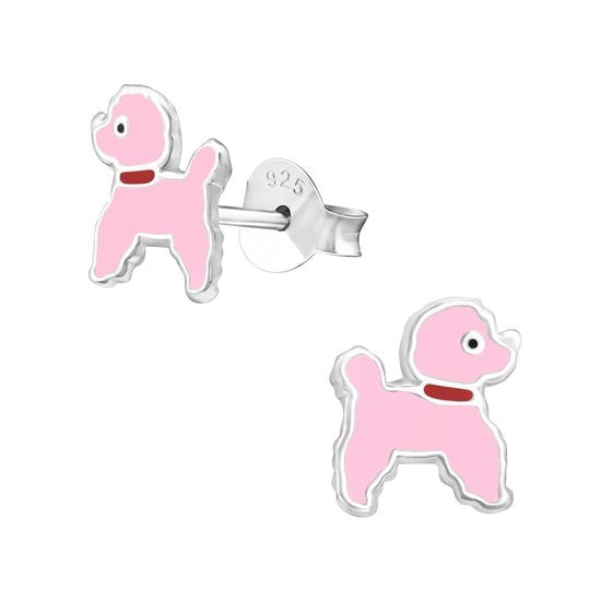 Joy|S - Zilveren hond oorbellen - 9 mm - roze met rood halsbandje