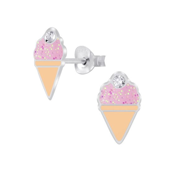 Joy|S - Zilveren ijsje oorbellen - 7 x 11 mm - roze met glitter met kristal