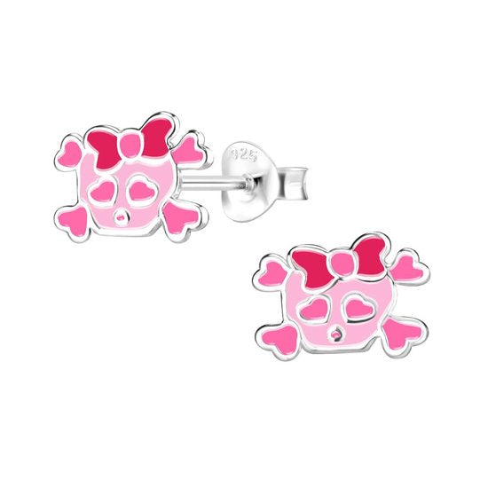 Joy|S - Zilveren halloween oorbellen - skull roze met hartjes