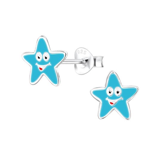 Joy|S - Zilveren ster oorbellen blauw - 10 mm - zeester