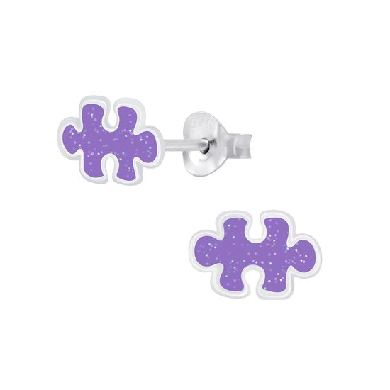 Joy|S - Zilveren puzzel oorbellen paars met glitter - puzzelstukje