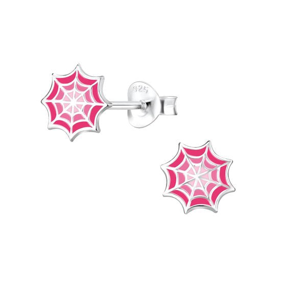 Joy|S - Zilveren spinnenweb oorbellen - 8 mm - roze - halloween