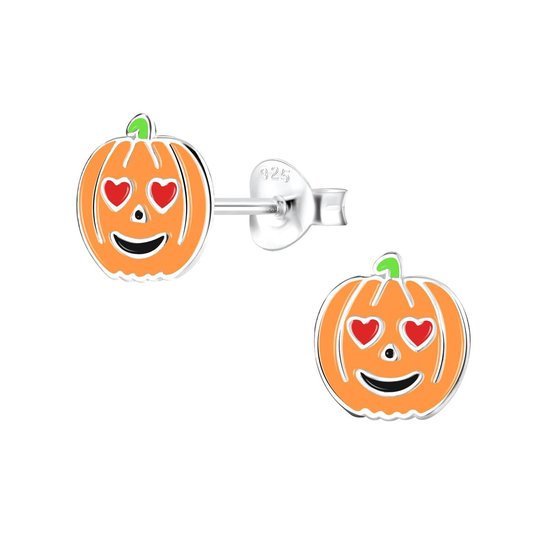 Joy|S - Zilveren Pompoen oorbellen met hartjes halloween