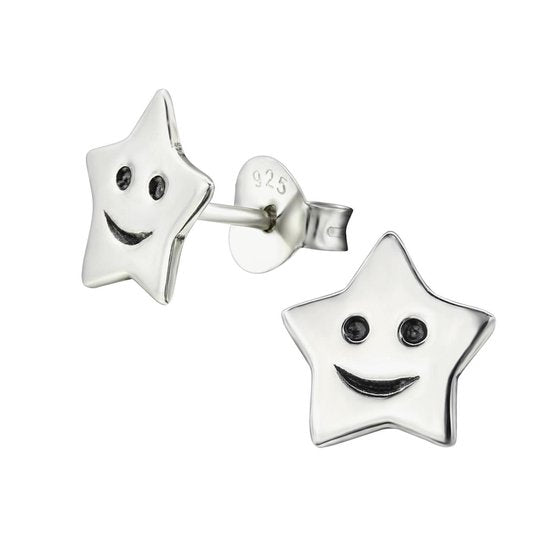 Joy|S - Zilveren ster smiley oorbellen 8 mm