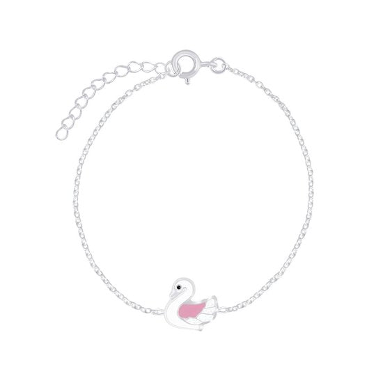 Joy|S - Zilveren zwaan armband 14 + 3 cm wit roze