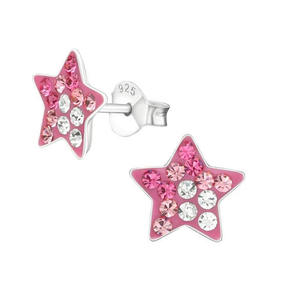 Joy|S - Zilveren ster oorbellen - 9 mm - roze en wit kristal
