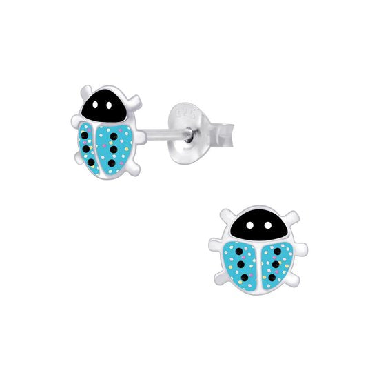 Joy|S - Zilveren lieveheersbeestje oorbellen - 7 x 6 mm - blauw met glitter