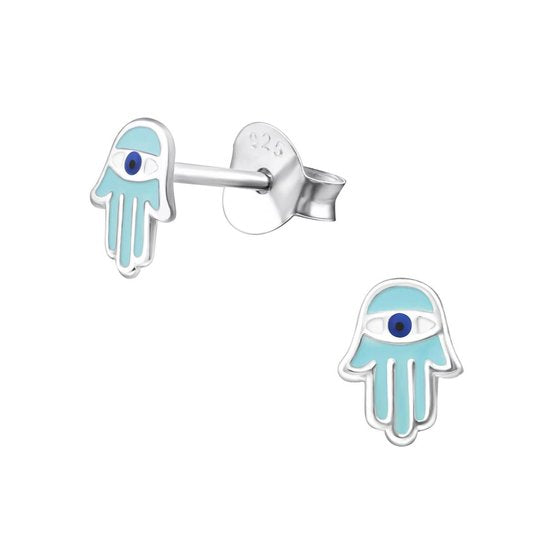Joy|S - Zilveren petit hamsa oorbellen - 5 x 6 mm - blauw