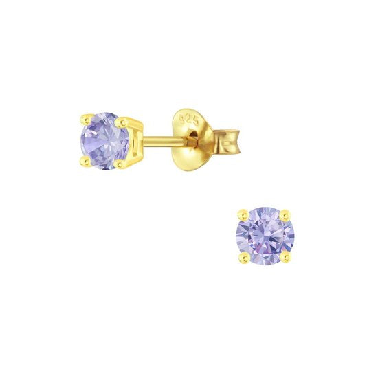 Joy|S - Zilveren rond oorbellen - 4 mm - zirkonia lavendel - goudplating