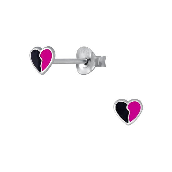 Joy|S - Zilveren petit gebroken hartje oorbellen - 4.8 x 4.5 mm - zwart roze