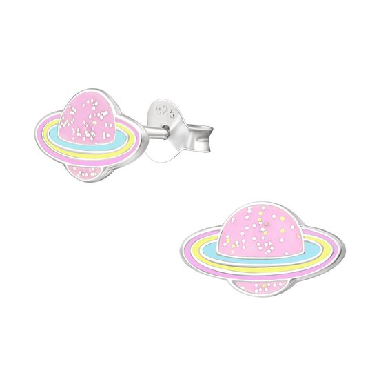 Joy|S - Zilveren planeet oorbellen - Saturnus - roze met glitterjes