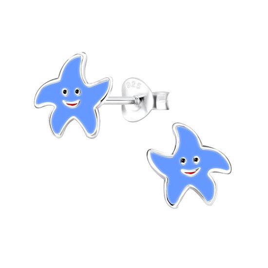 Joy|S - Zilveren ster oorbellen - 10 mm - blauw - zeester