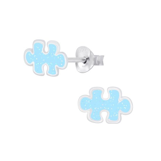 Joy|S - Zilveren puzzel oorbellen blauw met glitter - puzzelstukje