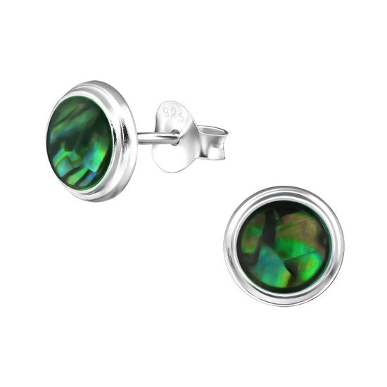 Joy|S - Zilveren ronde oorbellen abalone groen