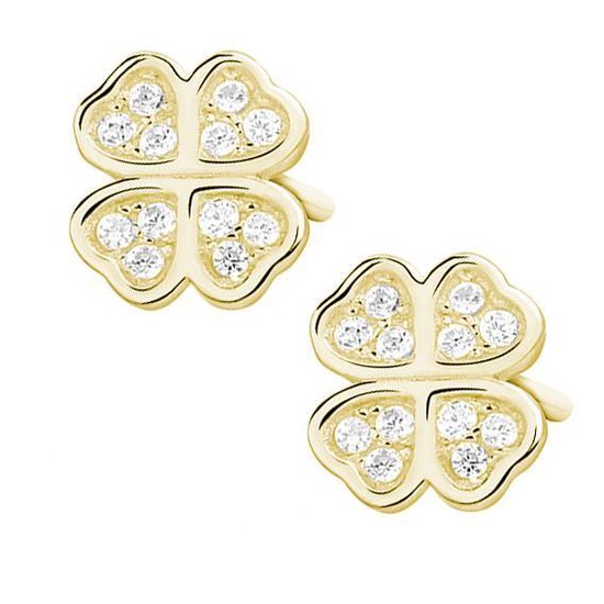 Joy|S - Zilveren klaver oorbellen 7 mm - klavertje vier - zirkonia - goudplating
