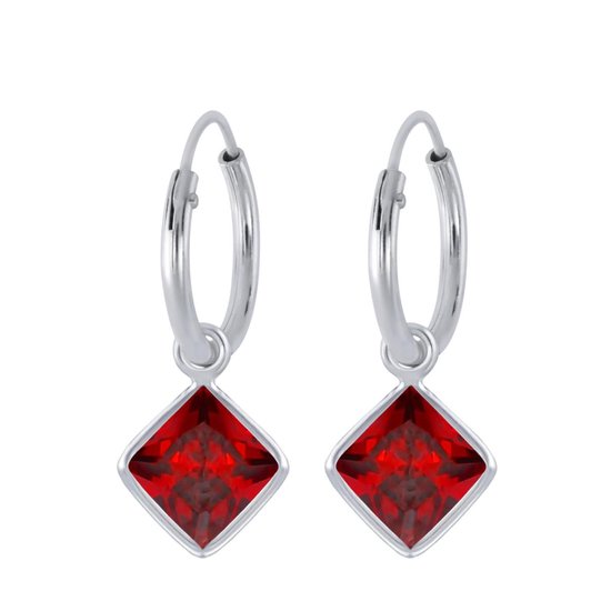 Joy|S - Zilveren ruit square cubic zirkonia rood bedel oorbellen