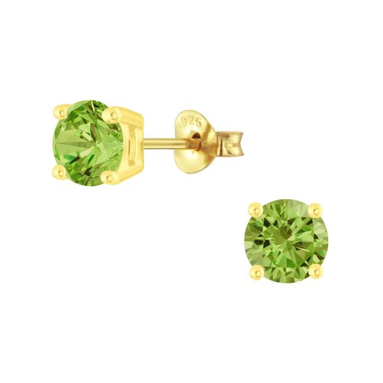 Joy|S - Zilveren oorbellen - rond - zirkonia olijf groen - goudplating - 6mm