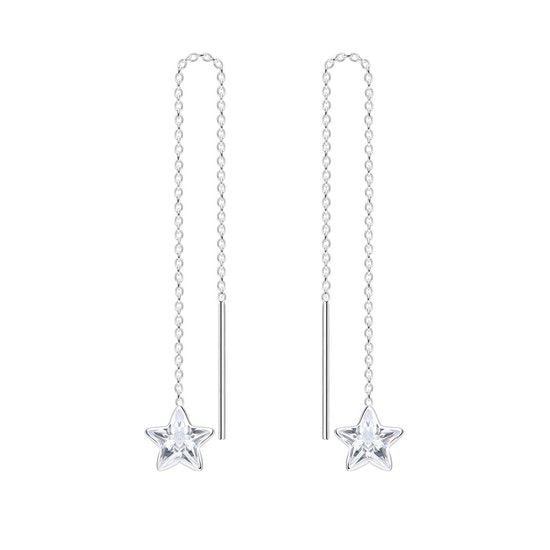 Joy|S - Zilveren ster (6 mm ) pull through oorbellen - kettinkje - zirkonia