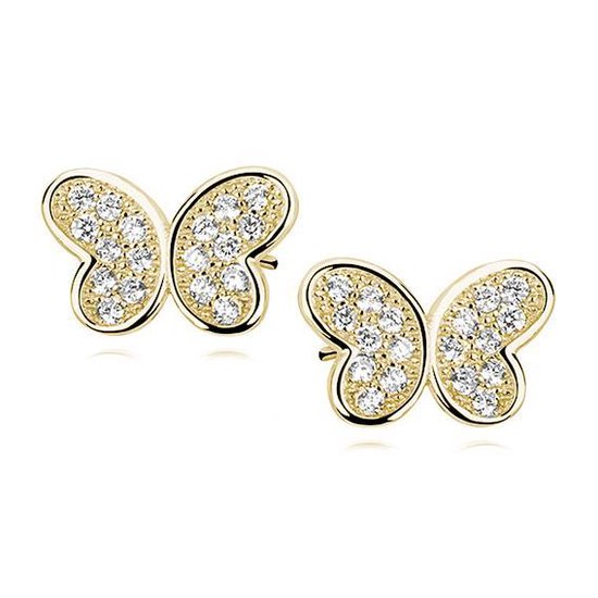 Joy|S - Zilveren vlinder oorbellen 10 mm - zirkonia - goudplating
