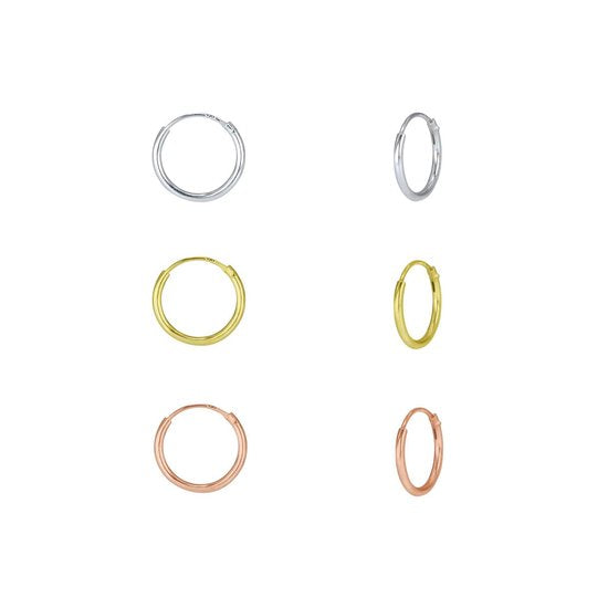 Joy|S - Zilveren oorringen set 12 mm - zilver - goud plated - rose plated - tricolor